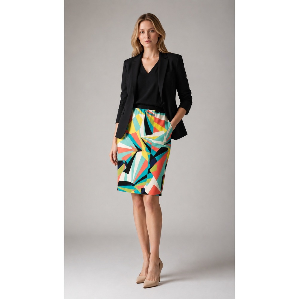 Abstract Geometric Print Pencil Skirt Colorblock Neon Midi Art Pop Size 8